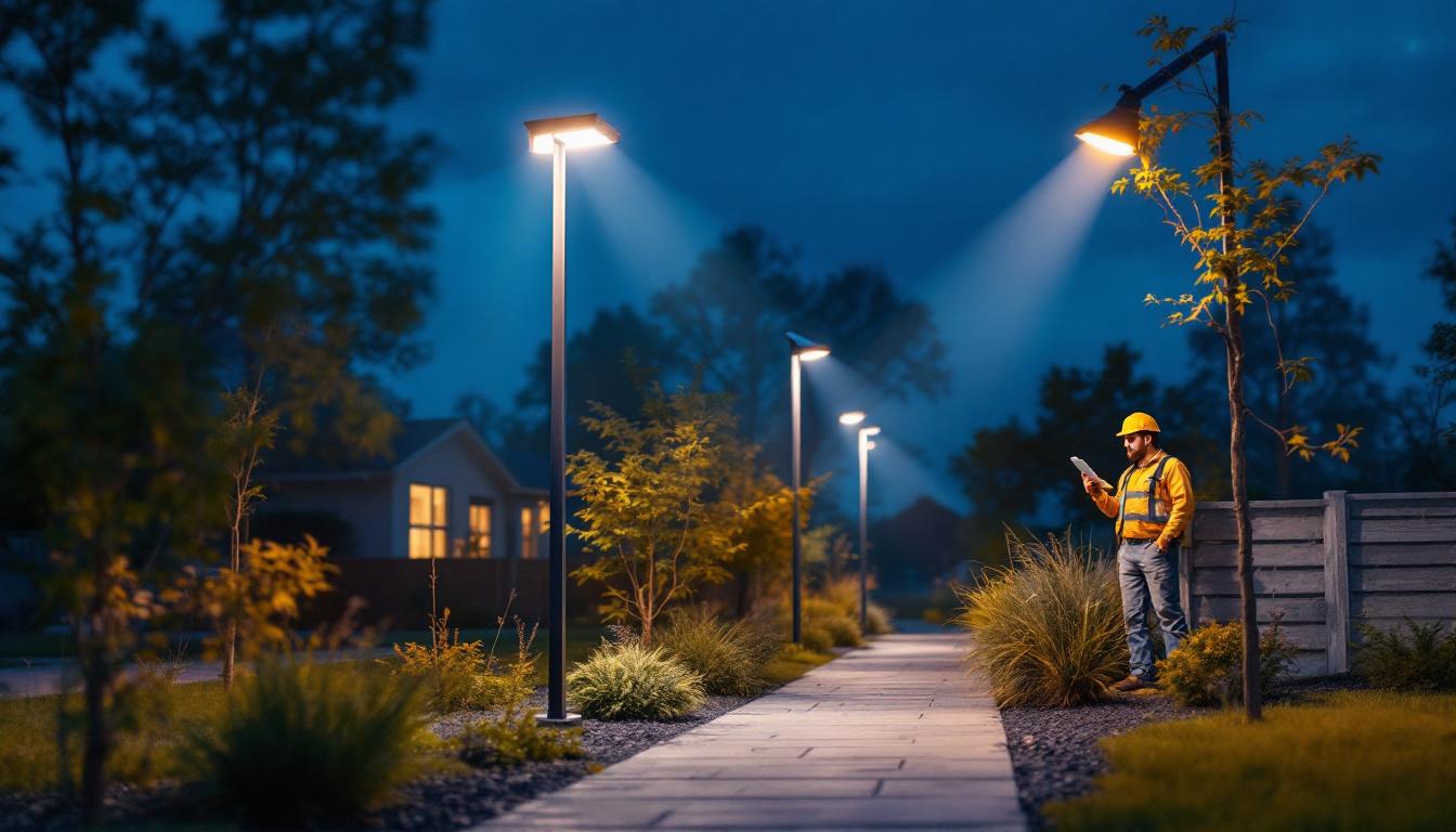 A photograph of a well-lit outdoor space featuring solar pole lights in action