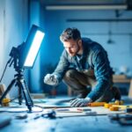 A photograph of a brightly lit worksite featuring a fluorescent work light in action