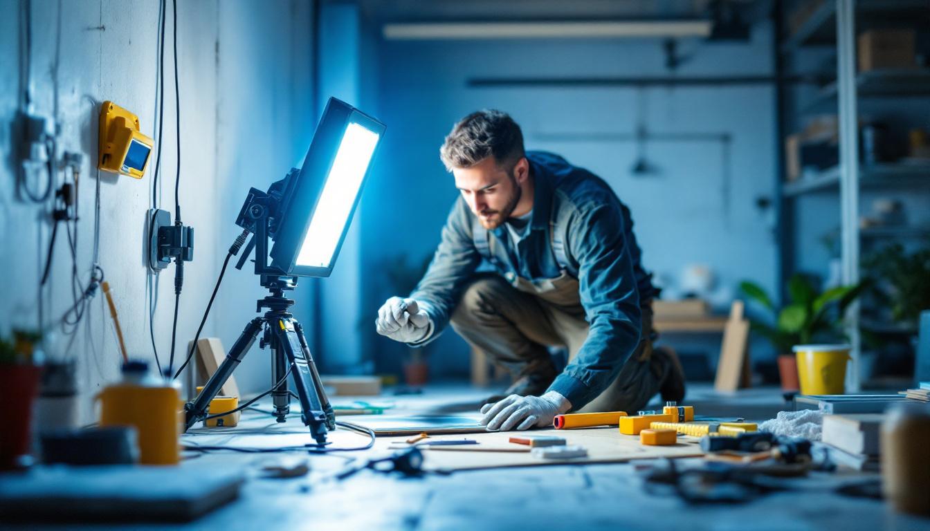 A photograph of a brightly lit worksite featuring a fluorescent work light in action