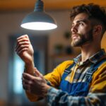 A photograph of a modern lighting contractor examining a stylish led light fixture in a well-lit home setting