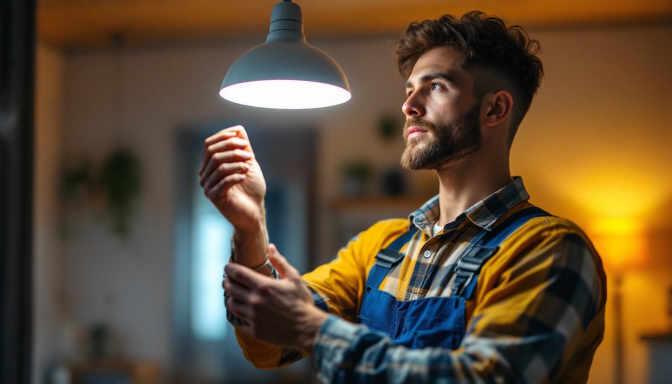 A photograph of a modern lighting contractor examining a stylish led light fixture in a well-lit home setting
