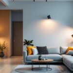 A photograph of a well-designed apartment interior showcasing a variety of stylish lighting fixtures in use