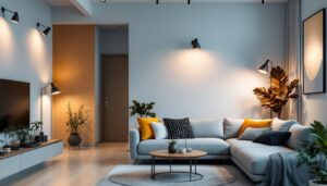 A photograph of a well-designed apartment interior showcasing a variety of stylish lighting fixtures in use