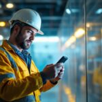 A photograph of a lighting contractor in action