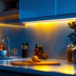 A photograph of a beautifully illuminated kitchen cabinet featuring sleek strip lights