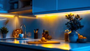 A photograph of a beautifully illuminated kitchen cabinet featuring sleek strip lights