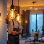 A photograph of a lighting contractor installing u-shaped led light bulbs in a modern residential setting
