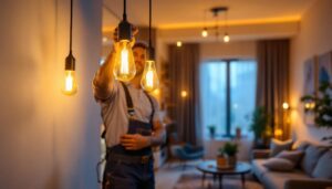 A photograph of a lighting contractor installing u-shaped led light bulbs in a modern residential setting