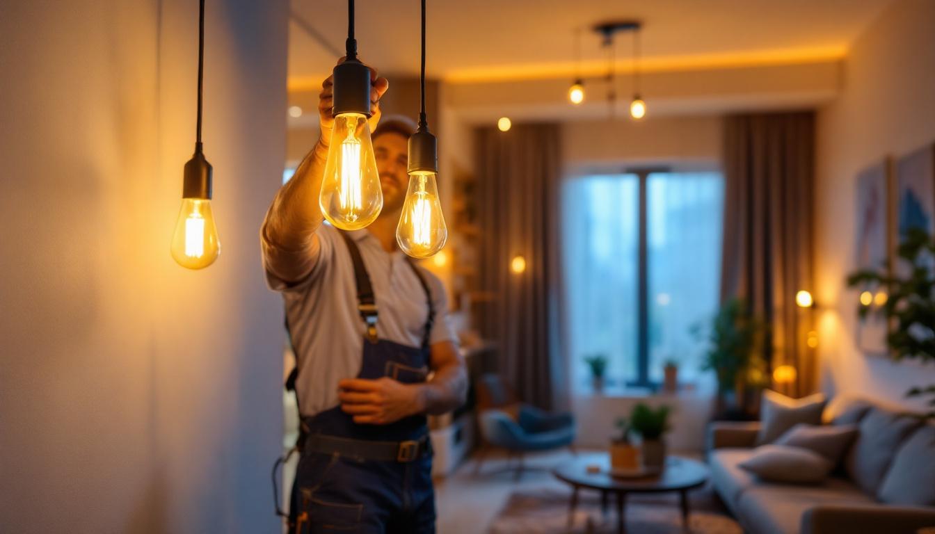 A photograph of a lighting contractor installing u-shaped led light bulbs in a modern residential setting