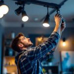 A photograph of a lighting contractor expertly installing various types of track lighting bulbs in a stylish residential or commercial space