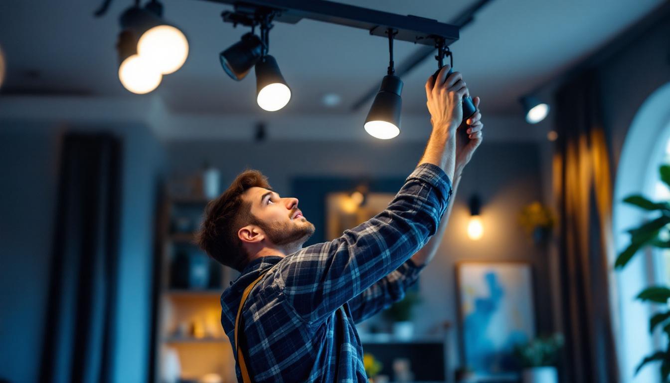 A photograph of a lighting contractor expertly installing various types of track lighting bulbs in a stylish residential or commercial space