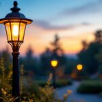 A photograph of a beautifully illuminated outdoor lamp post fixture in a landscaped setting during twilight