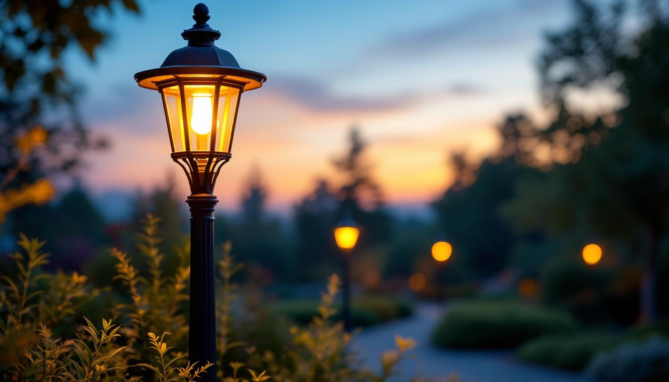A photograph of a beautifully illuminated outdoor lamp post fixture in a landscaped setting during twilight