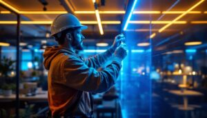 A photograph of a lighting contractor installing vibrant led solid strip lights in a modern commercial space