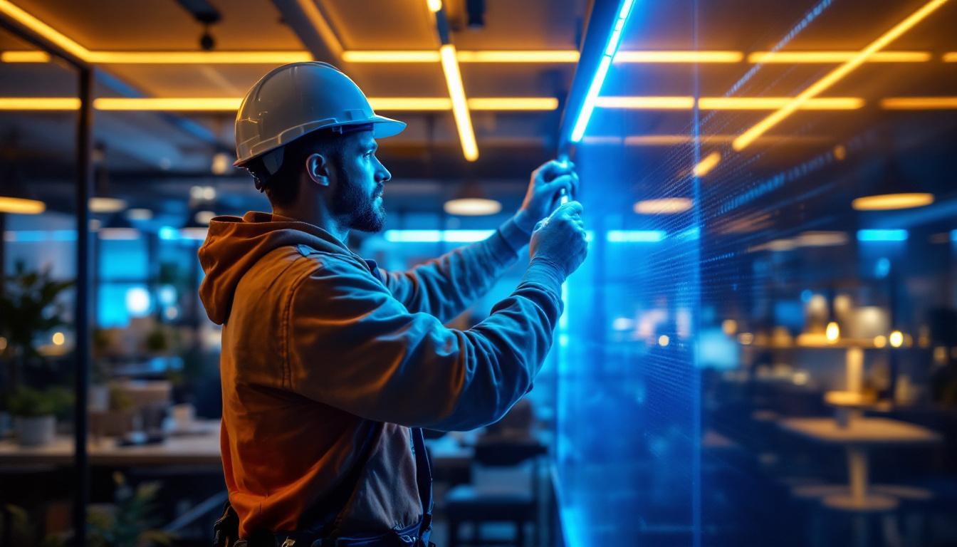 A photograph of a lighting contractor installing vibrant led solid strip lights in a modern commercial space