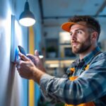 A photograph of a smart lighting contractor expertly installing modern