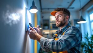 A photograph of a smart lighting contractor expertly installing modern