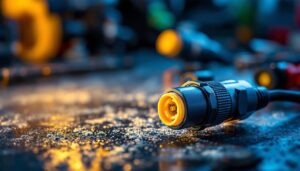A photograph of a close-up shot of weatherproof automotive connectors in use