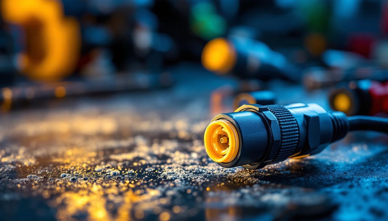 A photograph of a close-up shot of weatherproof automotive connectors in use