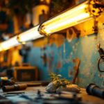 A photograph of an antique fluorescent light fixture displayed in a beautifully lit environment
