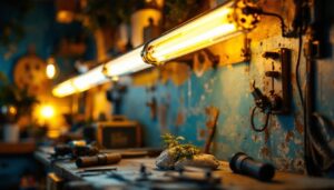 A photograph of an antique fluorescent light fixture displayed in a beautifully lit environment