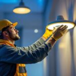 A photograph of a lighting contractor installing or showcasing ufo led lights in a commercial or residential setting