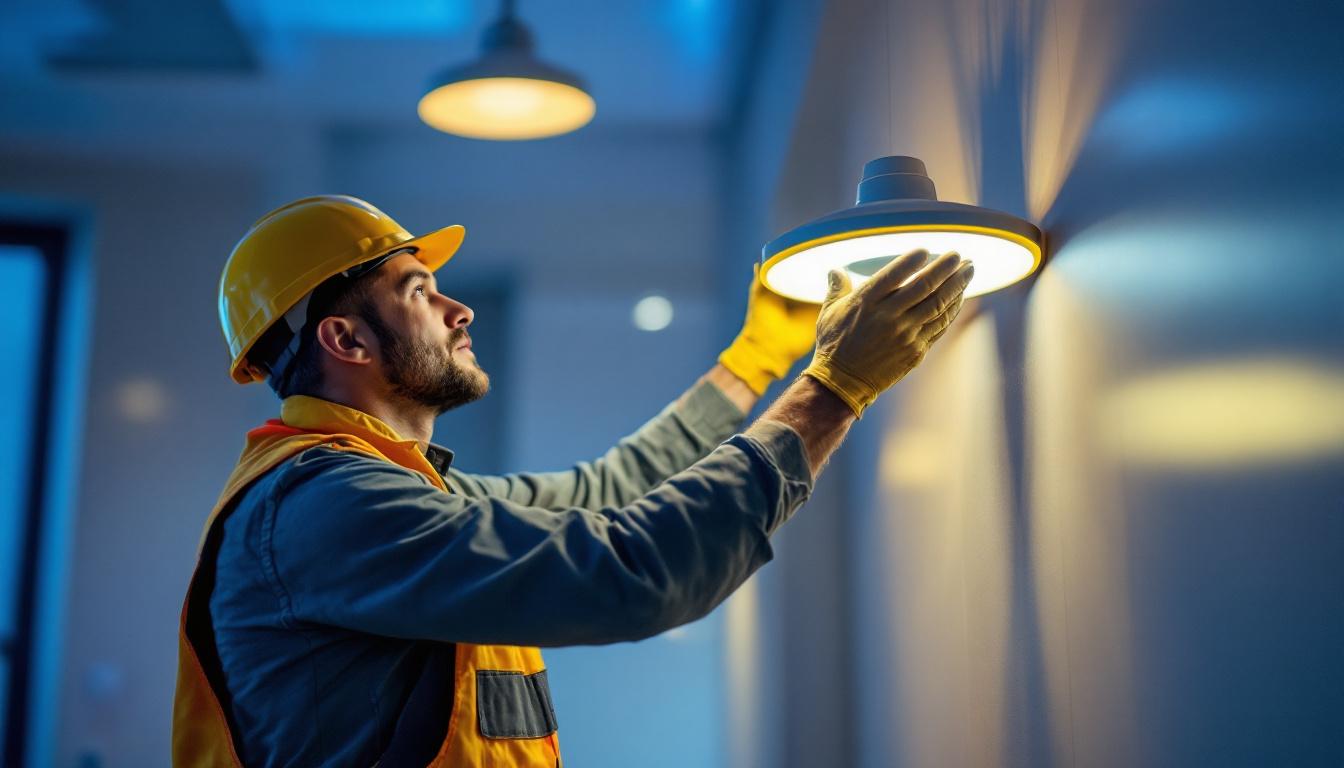 A photograph of a lighting contractor installing or showcasing ufo led lights in a commercial or residential setting