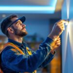 A photograph of a skilled lighting contractor expertly installing led tape lighting in a modern interior space