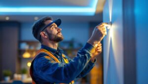 A photograph of a skilled lighting contractor expertly installing led tape lighting in a modern interior space