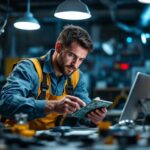 A photograph of a skilled lighting contractor examining a complex circuit board