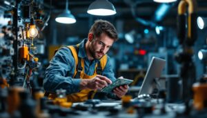 A photograph of a skilled lighting contractor examining a complex circuit board