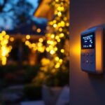 A photograph of a lighting contractor installing an outdoor switch with a timer in a beautifully landscaped garden