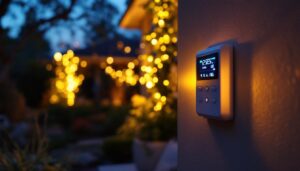 A photograph of a lighting contractor installing an outdoor switch with a timer in a beautifully landscaped garden