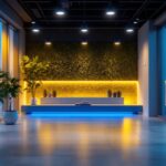 A photograph of a modern indoor space featuring motion sensor lighting in action