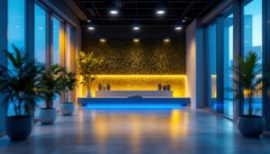 A photograph of a modern indoor space featuring motion sensor lighting in action