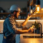 A photograph of a skilled lighting contractor installing stylish undercounter light bulbs in a modern kitchen