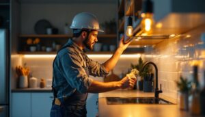 A photograph of a skilled lighting contractor installing stylish undercounter light bulbs in a modern kitchen