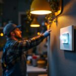 A photograph of a lighting contractor demonstrating the use of a timed toggle switch in a residential setting