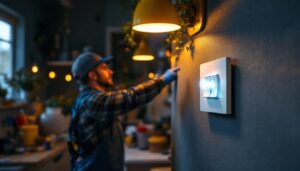 A photograph of a lighting contractor demonstrating the use of a timed toggle switch in a residential setting