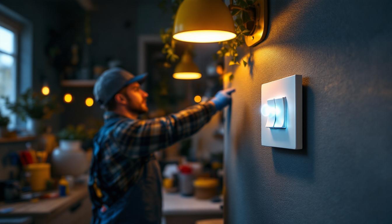 A photograph of a lighting contractor demonstrating the use of a timed toggle switch in a residential setting