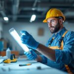 A photograph of a lighting contractor examining both t8 and t12 fluorescent tubes in a well-lit workspace
