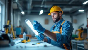 A photograph of a lighting contractor examining both t8 and t12 fluorescent tubes in a well-lit workspace