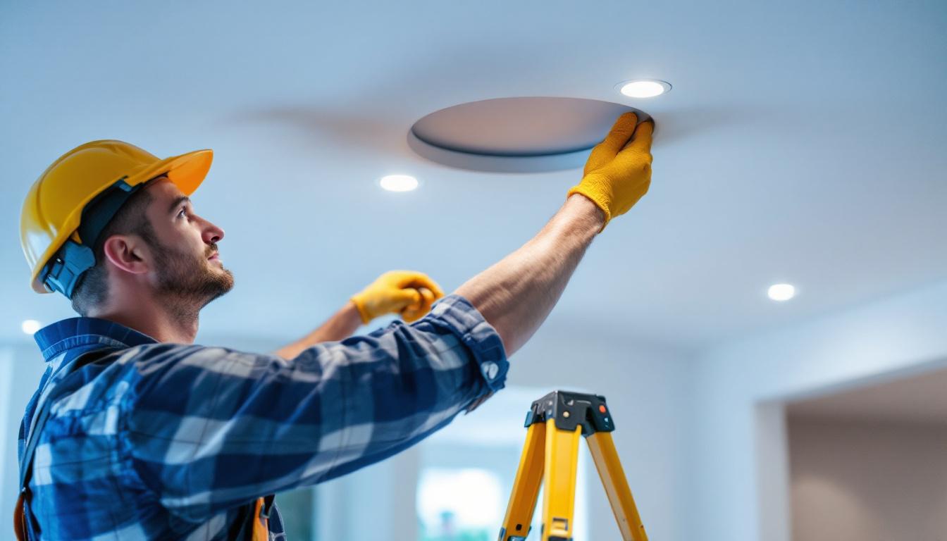 A photograph of a skilled lighting contractor carefully replacing recessed lighting trim in a modern home setting