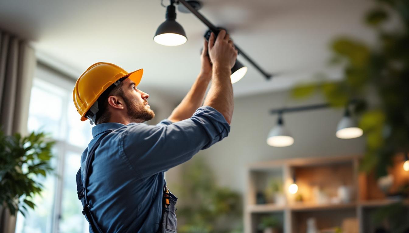 A photograph of a lighting contractor expertly installing or adjusting lighting fixtures in a well-lit commercial or residential space