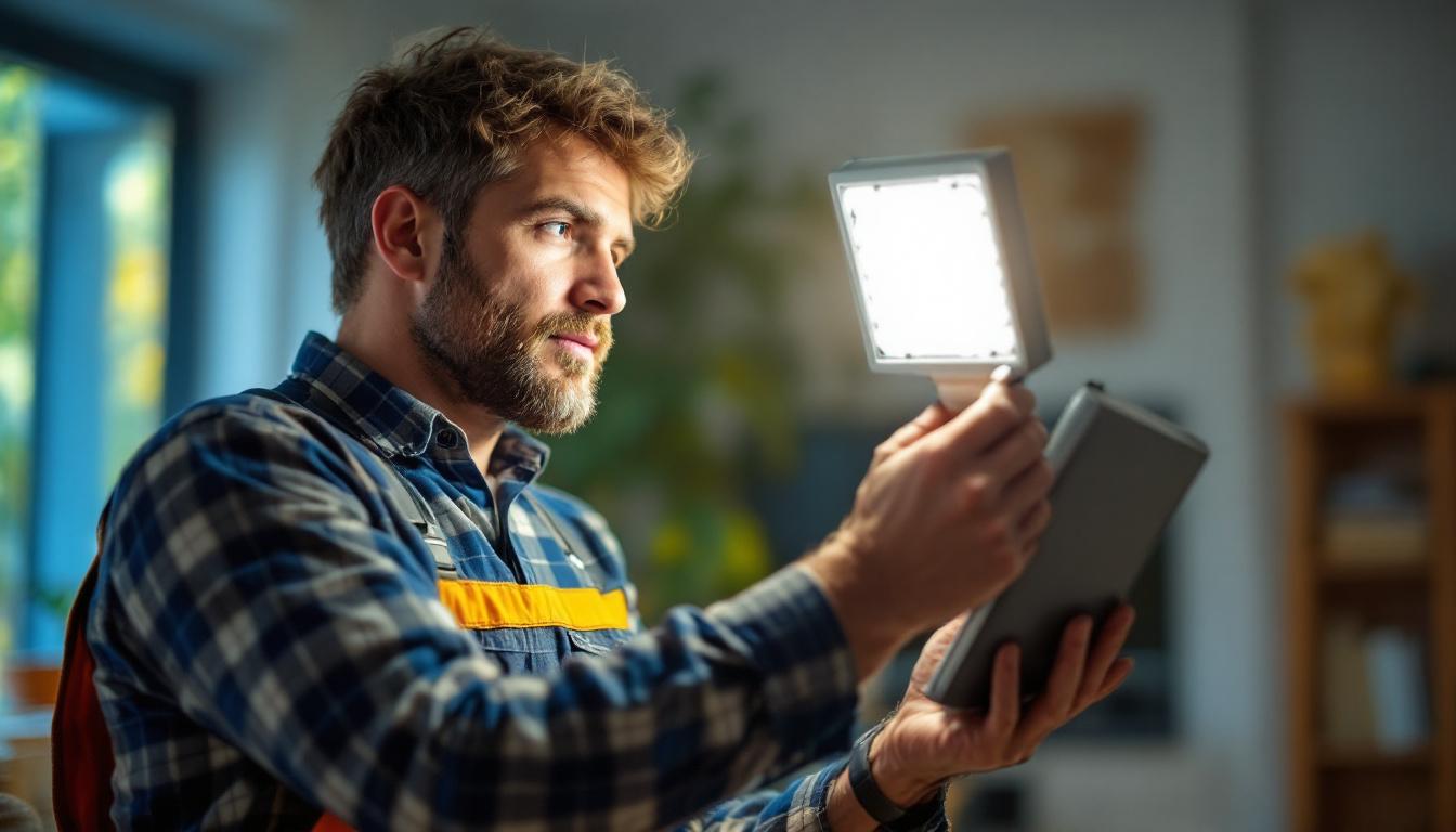 A photograph of a professional lighting contractor installing or examining a compact fluorescent flood light bulb in a residential or commercial setting