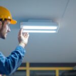 A photograph of a ceiling-mounted emergency light in a commercial setting