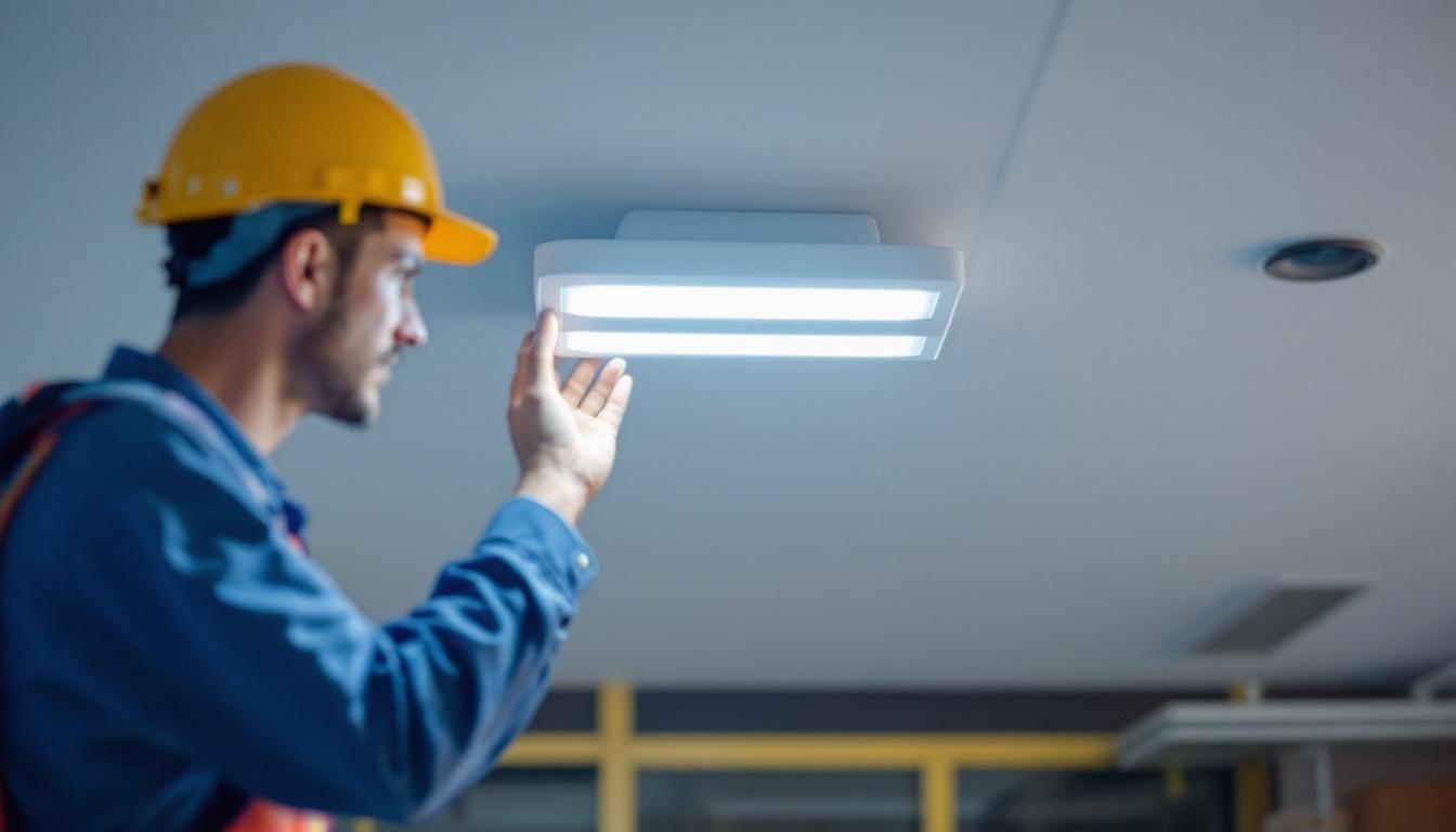 A photograph of a ceiling-mounted emergency light in a commercial setting