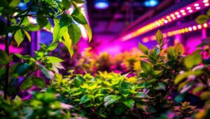 A photograph of a well-lit indoor hydroponic garden showcasing various plants under vibrant led grow lights