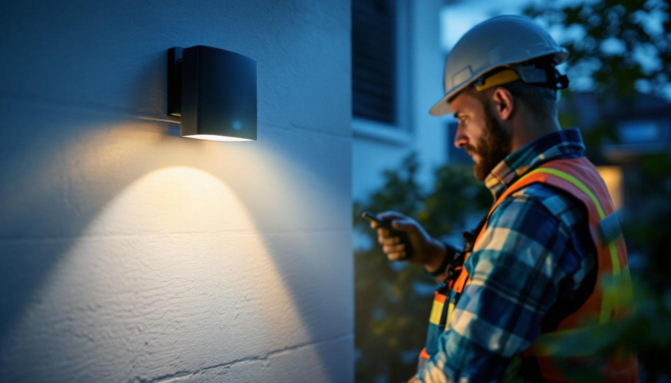 A photograph of a lighting contractor installing a motion-activated spotlight in a residential outdoor setting