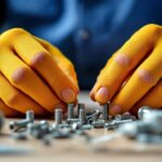 A photograph of a close-up shot of a lighting contractor's hands working with various replacement screws and a light fixture